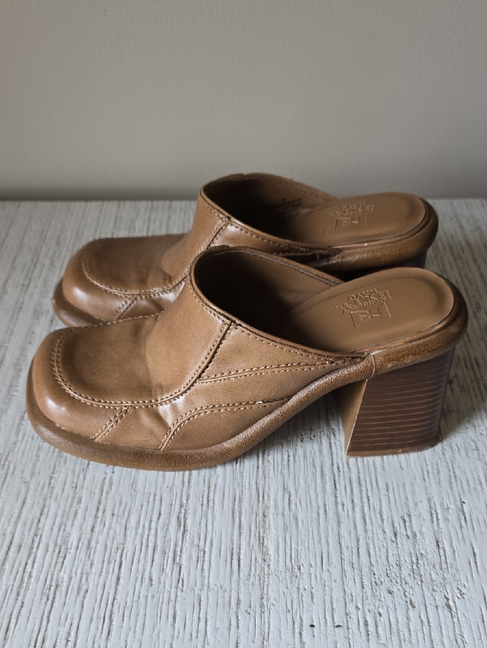 Women's Tan Faux Leather Slip-On Mule Heels